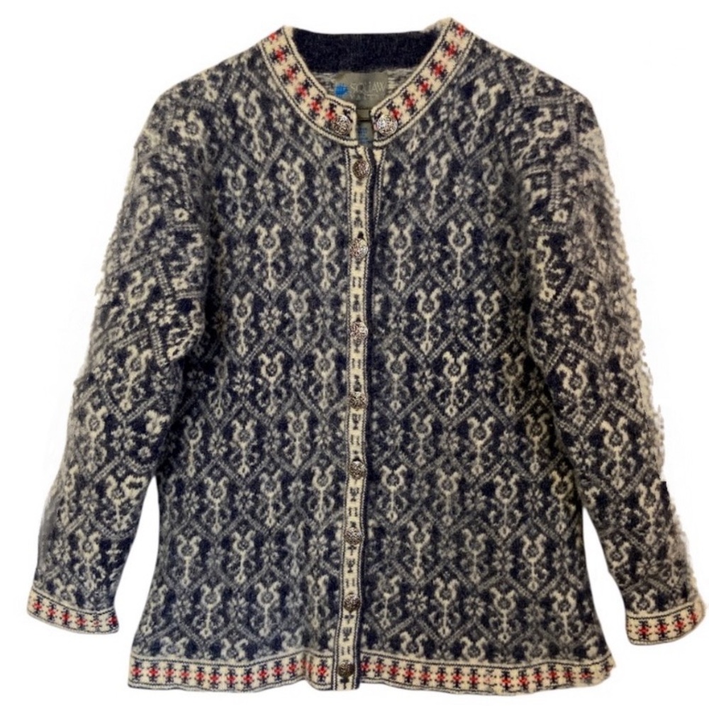 Vintage Squaw Valley Wool Nordic Cardigan Blue Fair Isle Sweater Cabin-Chic